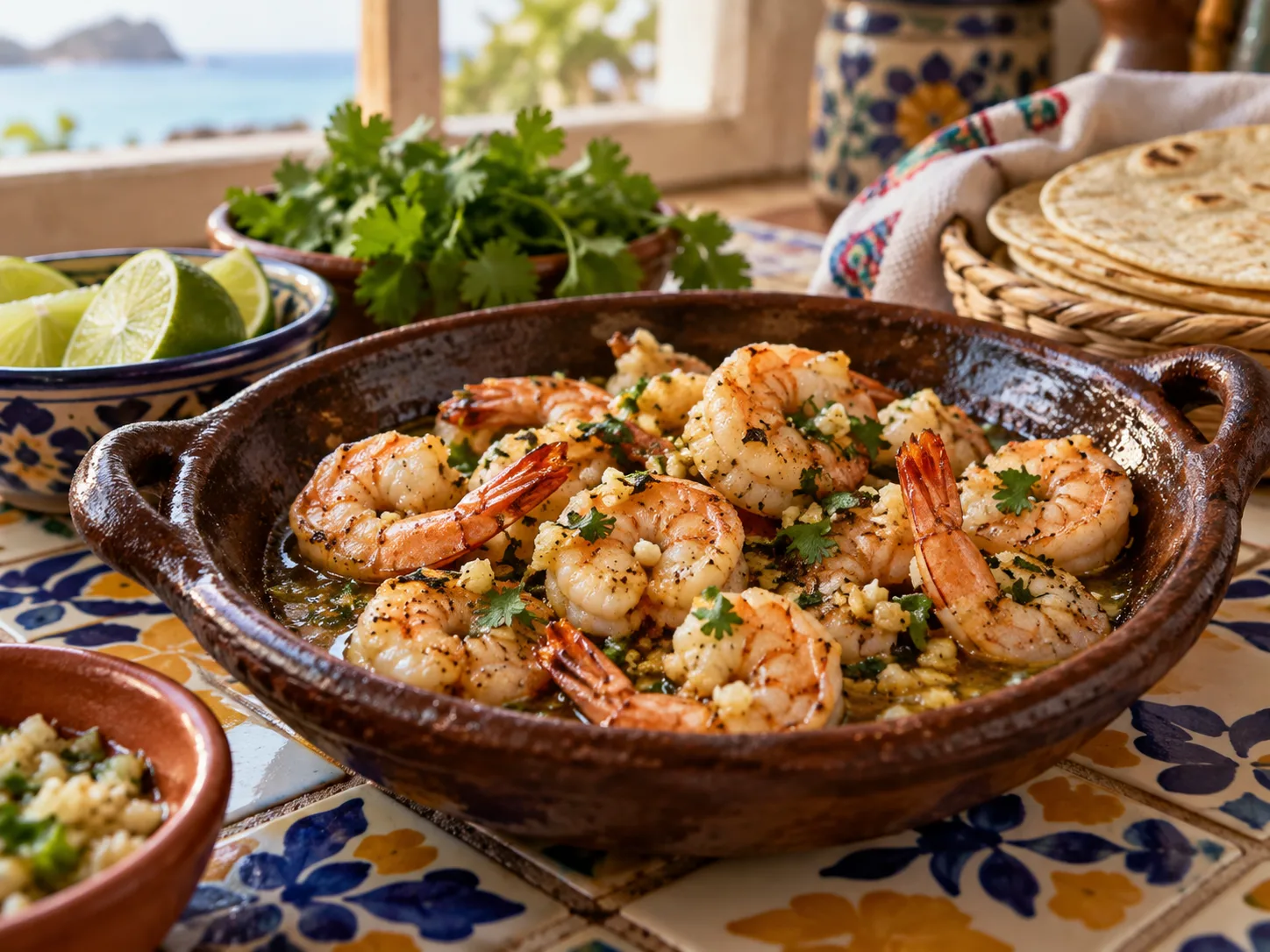Camarones al mojo de ajo en una cocina mexicana